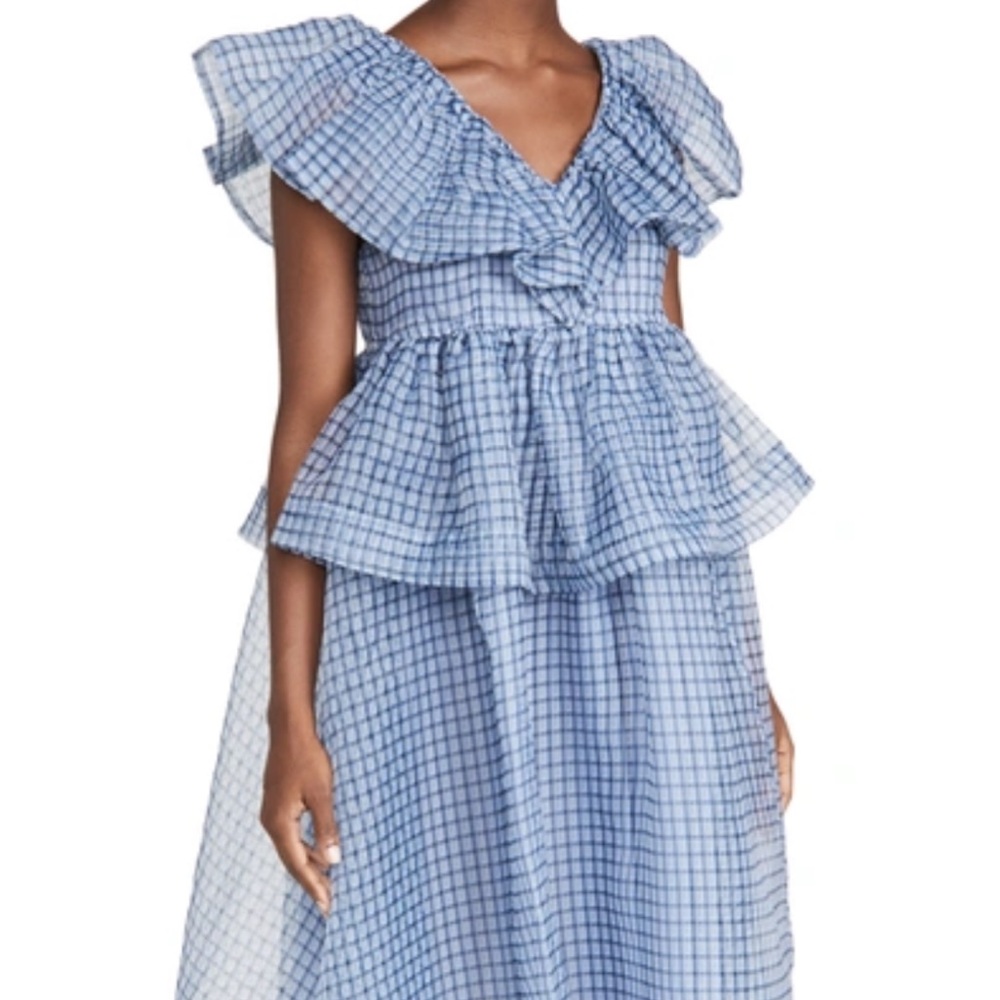 GANNI Gingham Check Ruffle Organza Sleeveless Dress In Heather